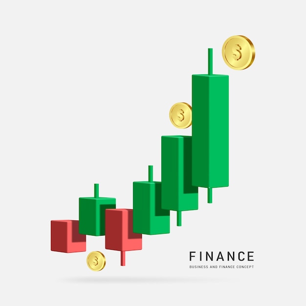 Plik wektorowy monety umieszczone na wykresie giełdowym lub wykresie kryptowalutowym mają trend wzrostowy od czerwonego do zielonego i są opłacalne