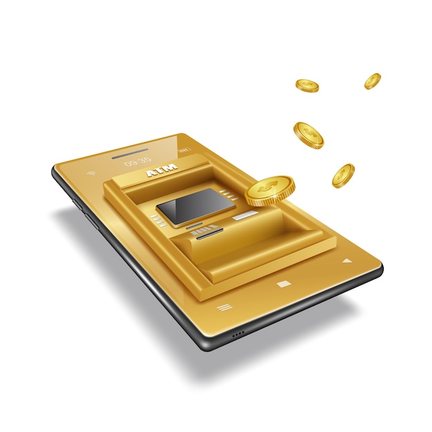 Plik wektorowy monety wypływają ze złotego bankomatu na smartfonie
