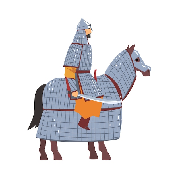 Plik wektorowy mongolski koczowniczy wojownik na koniu postać z azji środkowej w pełnej zbroi z ilustracją wektorową miecza