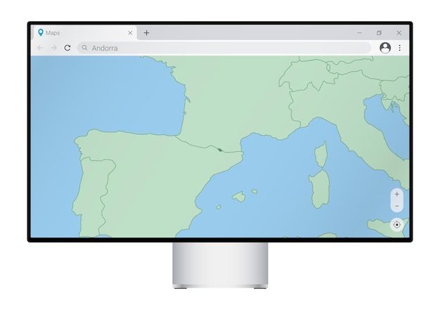 Monitor Komputerowy Z Mapą Andory W Przeglądarce, Wyszukaj Kraj Andory W Programie Do Map Internetowych.