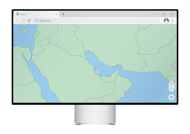 Monitor Komputerowy Z Mapą Bahrajnu W Przeglądarce, Wyszukaj Kraj Bahrajnu W Programie Do Mapowania Stron Internetowych.