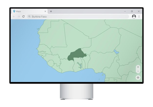 Plik wektorowy monitor komputerowy z mapą burkina faso w przeglądarce, wyszukaj kraj burkina faso w programie do mapowania internetowego.