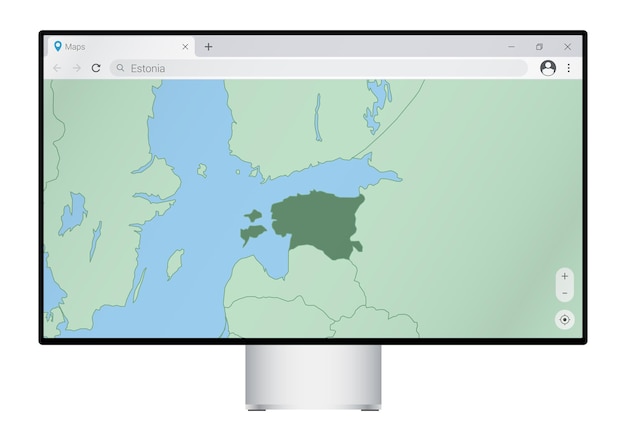 Monitor komputerowy z mapą Estonii w przeglądarce, wyszukaj kraj Estonii w programie do map internetowych.