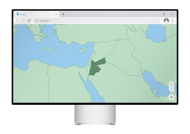 Monitor Komputerowy Z Mapą Jordanii W Przeglądarce, Wyszukaj Kraj Jordanii W Programie Do Map Internetowych.