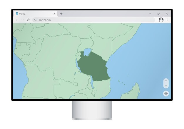 Monitor Komputerowy Z Mapą Tanzanii W Przeglądarce, Wyszukaj Kraj Tanzanii W Internetowym Programie Do Mapowania.