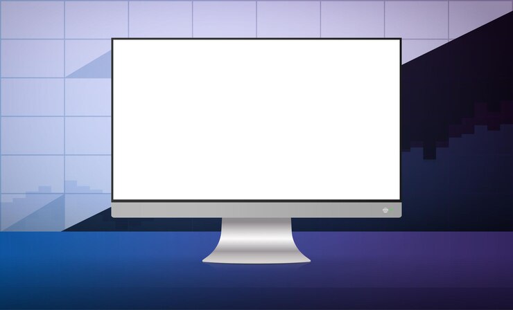 Wektor monitor z białym ekranem na tle wykresów finansowych. pojęcie analityki, biznesu lub handlu na giełdzie finansowej. ilustracja wektorowa.