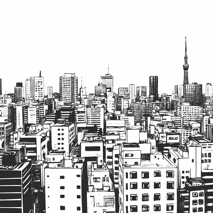 Wektor monochromatyczna ilustracja miasta tokio ręcznie narysowana ilustracji czarno-białej