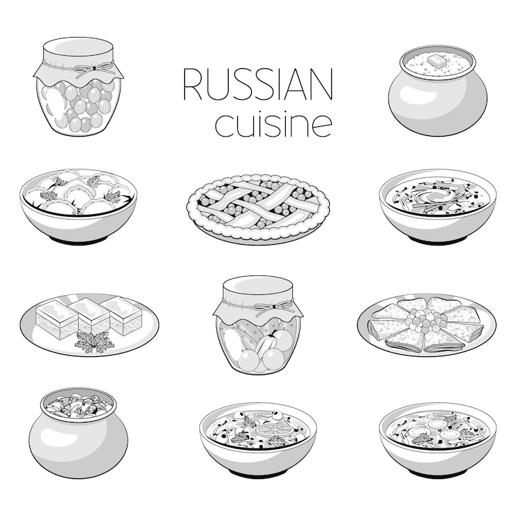 Wektor monochromatyczna kolekcja posiłków. kuchnia rosyjska. styl kreskówki. ilustracja wektorowa. na białym tle. czarny i biały.