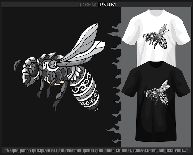 Monochromatyczne Kolorowe Sztuki Mandali Pszczoły Na Białym Tle Na Czarno-białej Koszulce