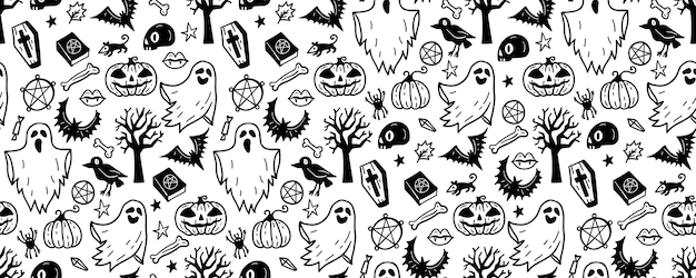 Plik wektorowy monochromatyczny bezszwowy wzór uroczego ręcznie narysowanego dołka na halloween czarno-białe tło