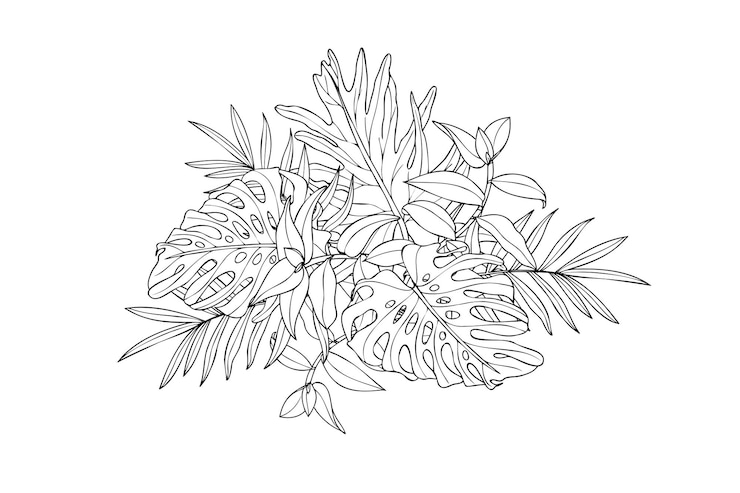 Wektor monochromatyczny bukiet liści tropikalnych ilustracja wektorowa malowana czarnym atramentem ręcznie malowana grafika palmowa tradescantia i liście monstera dla sklepów projektowych drukowanie wizytówki logo zaproszenia