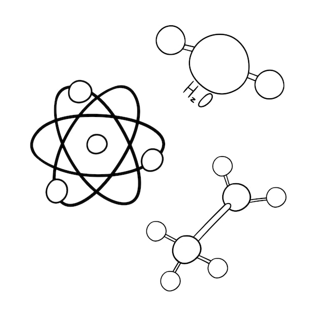 Monochromatyczny Zestaw Zdjęć Zestaw Prostych Diagramów Wektorów Cząsteczek I Atomów W Stylu Kreskówki