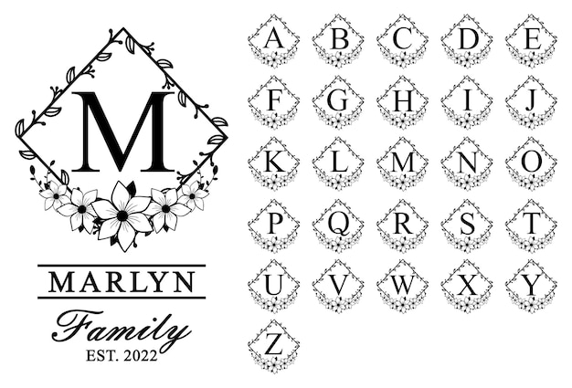 Monogram rodziny, czcionka monogramu, litery monogramu, monogram kwiatowy, alfabet monogramów, czcionka kwiatowa