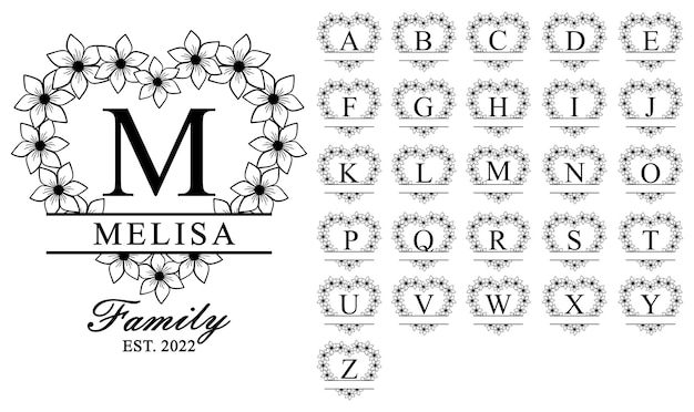 Plik wektorowy monogram rodziny, czcionka monogramu, litery monogramu, monogram kwiatowy, alfabet monogramów, czcionka kwiatowa