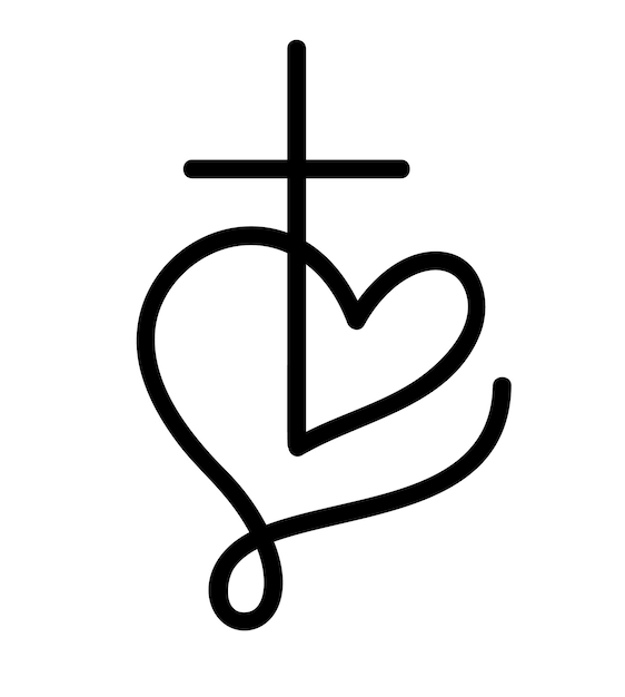 Monoline czarny wektor Christian logo serce z krzyżem na białym tle na tle ręcznie rysowane minimalistyczna religia