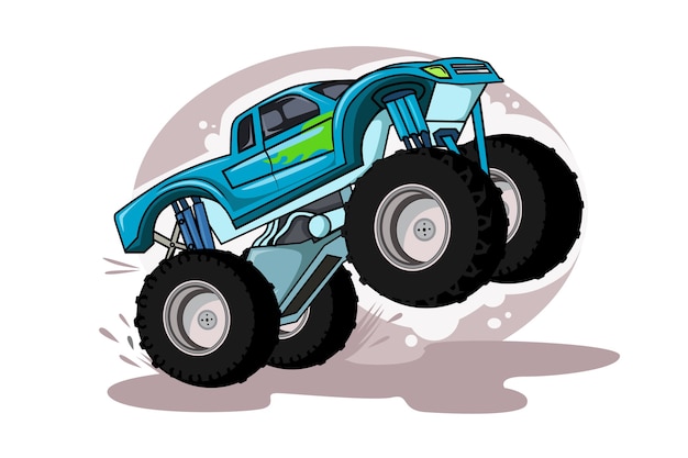 Monster truck kreskówka pojazd lub samochód i ekstremalna ilustracja transportu pokazowego