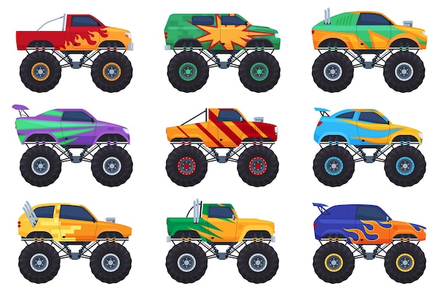 Monster Trucki Duże Samochody Z Dużymi Oponami Na Ekstremalne Pokazy Potężne Maszyny Terenowe Ilustracja Wektora