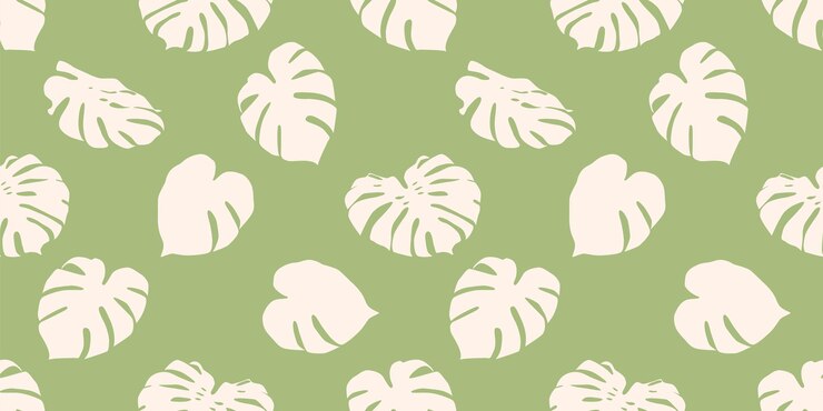 Wektor monstera pozostawia beżową sylwetkę wzór na modnym zielonym tle. płaski styl ilustracji