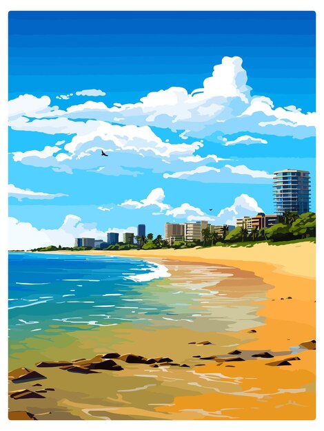 Plik wektorowy mooloolaba beach australia vintage travel poster souvenir postcard portret malowanie ilustracja