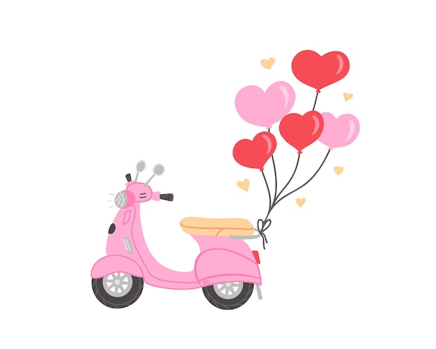 Plik wektorowy moped z balonami sercowymi ręcznie narysowana ilustracja