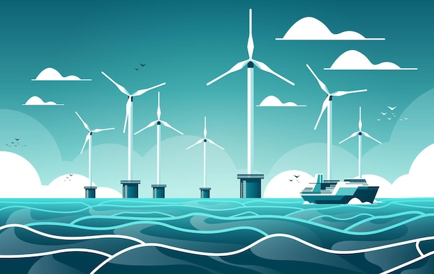 Plik wektorowy morska farma wiatrowa z turbinami i statkiem w morskiej lub oceanicznej odnawialnej stacji wodnej produkcja energii alternatywne wytwarzanie energii