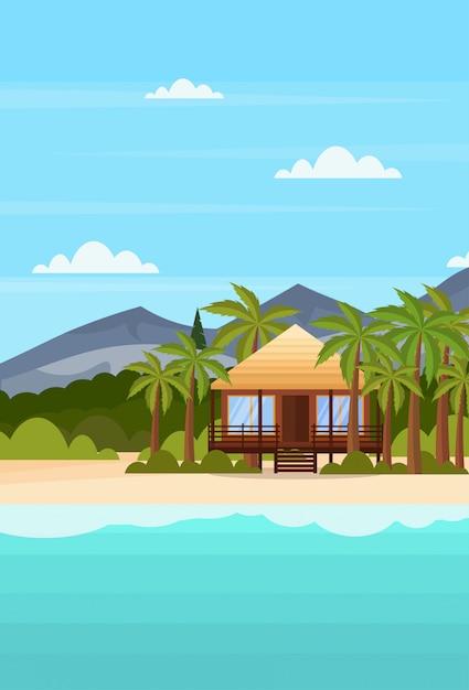 Plik wektorowy morze brzeg plaża z willą bungalow hotel tropikalny nadmorski górski zielony palmy krajobraz lato wakacje mieszkanie