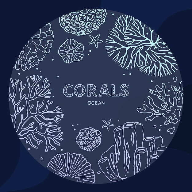 Plik wektorowy morze i ocean roślin i fauny, odizolowane na niebieskim tle. rafa koralowa rysowane w stylu sztuki linii.