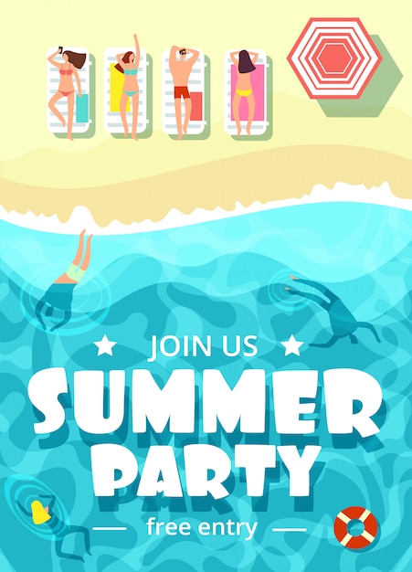 Plik wektorowy morze plaża z szczęśliwymi ludźmi. lato party wektor plakat szablon