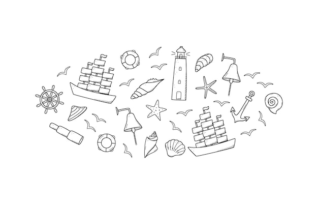 Morze zestaw elementów doodle ikony życia morskiego statek teleskop muszle koło ratunkowe kotwica kierownica byk latarnia morska i mewy symbole ilustracji wektorowych marynarzy lub piratów