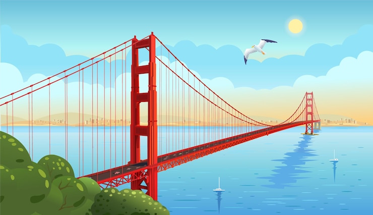 Wektor most golden gate przez cieśninę. san francisco. ilustracja