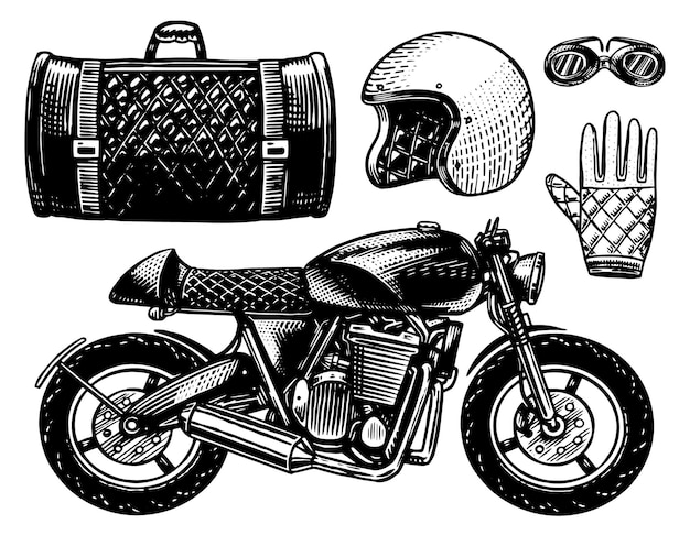 Motocykl Lub Rower Retro Rower Z Napędem Skórzana Torba Na Kask I Rękawiczki Ręcznie Rysowane Grawerowany Monochromatyczny Szkic Do Etykiet Lub Plakatów Cafe Racer