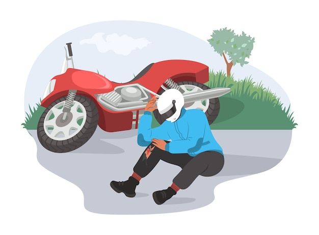 Plik wektorowy motocykl wypadek płaskie wektor ilustracja ranny motocyklista siedzi na drodze obok jego da...