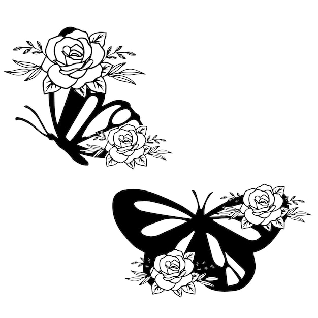 Plik wektorowy motyl i kwiaty są na białym tle.