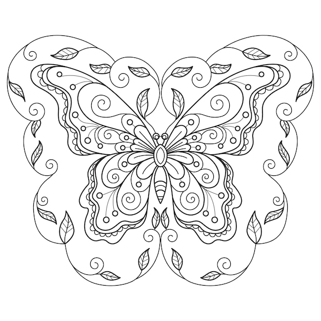 Plik wektorowy motyl i liść ręcznie rysowane dla dorosłych kolorowanka