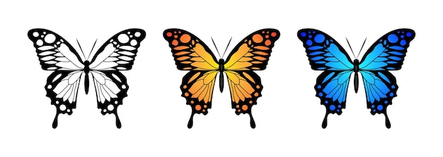 Motyl niebieski pomarańczowy biały Ustaw sylwetkę muchy Monarch Butterfly design