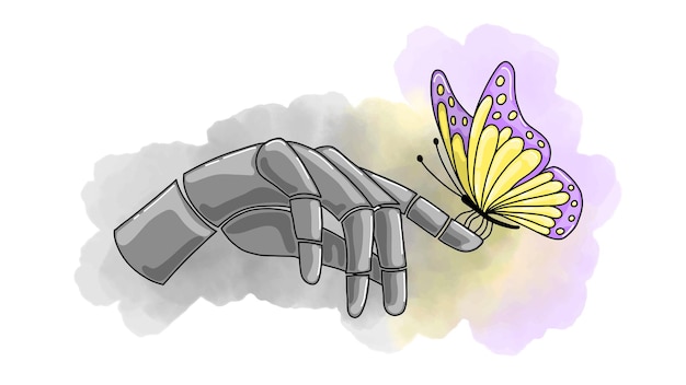 Plik wektorowy motyl siedzi na palcu robota połączenie między sztuczną inteligencją a naturą ilustracja wektorowa mechanicznej ręki z motylem na tle akwareli