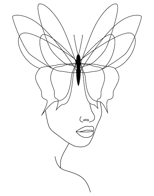 Plik wektorowy motyl twarz motyla, ciągła linia, rysunek twarzy i fryzury