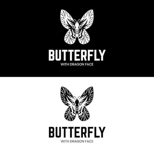 Plik wektorowy motyl z twarzą smoka na skrzydłach dla unikalnego, prostego, płaskiego, abstrakcyjnego charakteru projektu logo