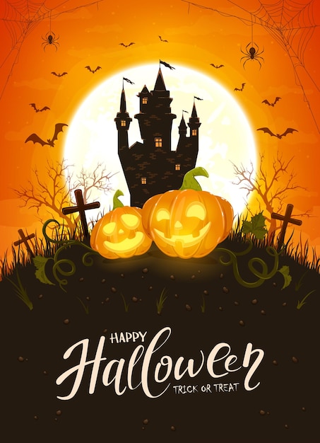 Motyw Halloween Z Dyniami I Zamkiem Na Pomarańczowym Tle