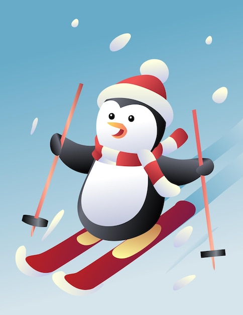Motyw świąteczny ilustracji kreskówki pingwina na nartach w śniegu