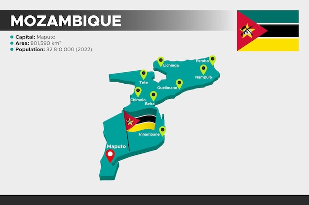Mozambik Izometryczna Mapa Ilustracyjna 3d Flaga Stolic Obszaru Populacji I Mapa Mozambiku