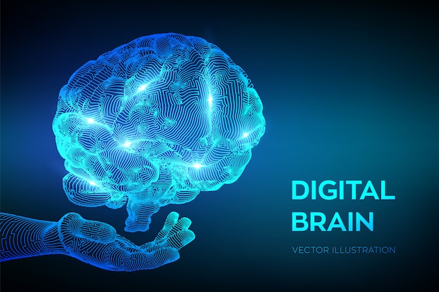 Plik wektorowy mózg. cyfrowy mózg w ręku. sieć neuronowa.