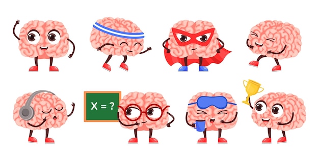 Plik wektorowy mózg znaków happy inteligentny maskotka super bohater umysł i intelektualna kreskówka wektor zestaw ilustracji