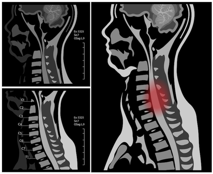 Wektor mri kręgosłupa szyjnego z kontrastem i bez, mri z obustronnym uciskiem na korzenie c7