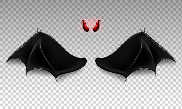Plik wektorowy mroczny diabeł dracula wampir smok lub skrzydła nietoperza i czerwone błyszczące rogi realistyczny kostium demona