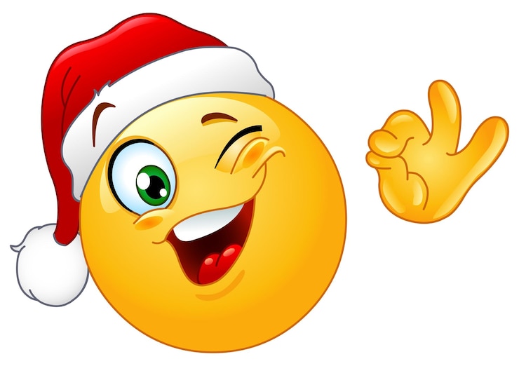 Wektor mrugający emoji emotikon noszący kapelusz świętego mikołaja i pokazujący gest ok