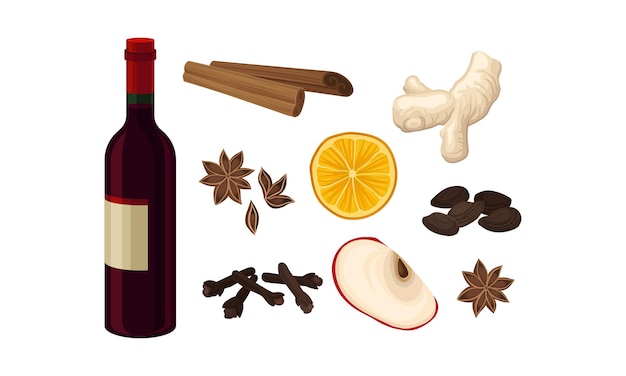 Plik wektorowy mulled wine ingredients vector set izolowany na białym tle delicious cinnamon beverage concept