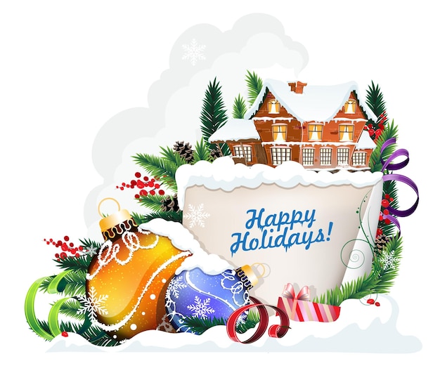 Murowany Domek Z Pokrytym śniegiem Dachem I świątecznym Wieńcem Ze Starym Pergaminem I Bożonarodzeniowymi Ozdobami