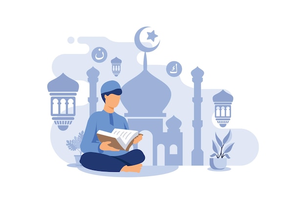 Muzułmanie Czytający I Uczący Się Koranu Islamskiej świętej Księgi Ilustracja Koncepcja Projektowania Wektorów