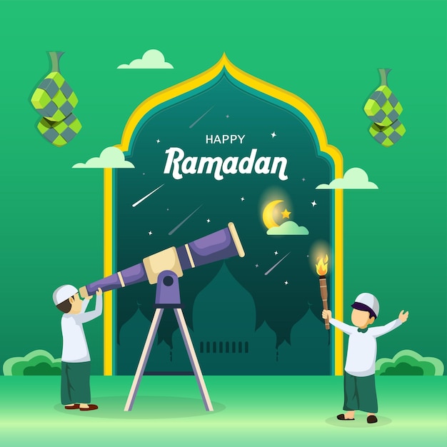 Muzułmanie Szukają W Niebie Przez Teleskop Ilustracji Wektorowych Nowego Miesiąca Ramadan